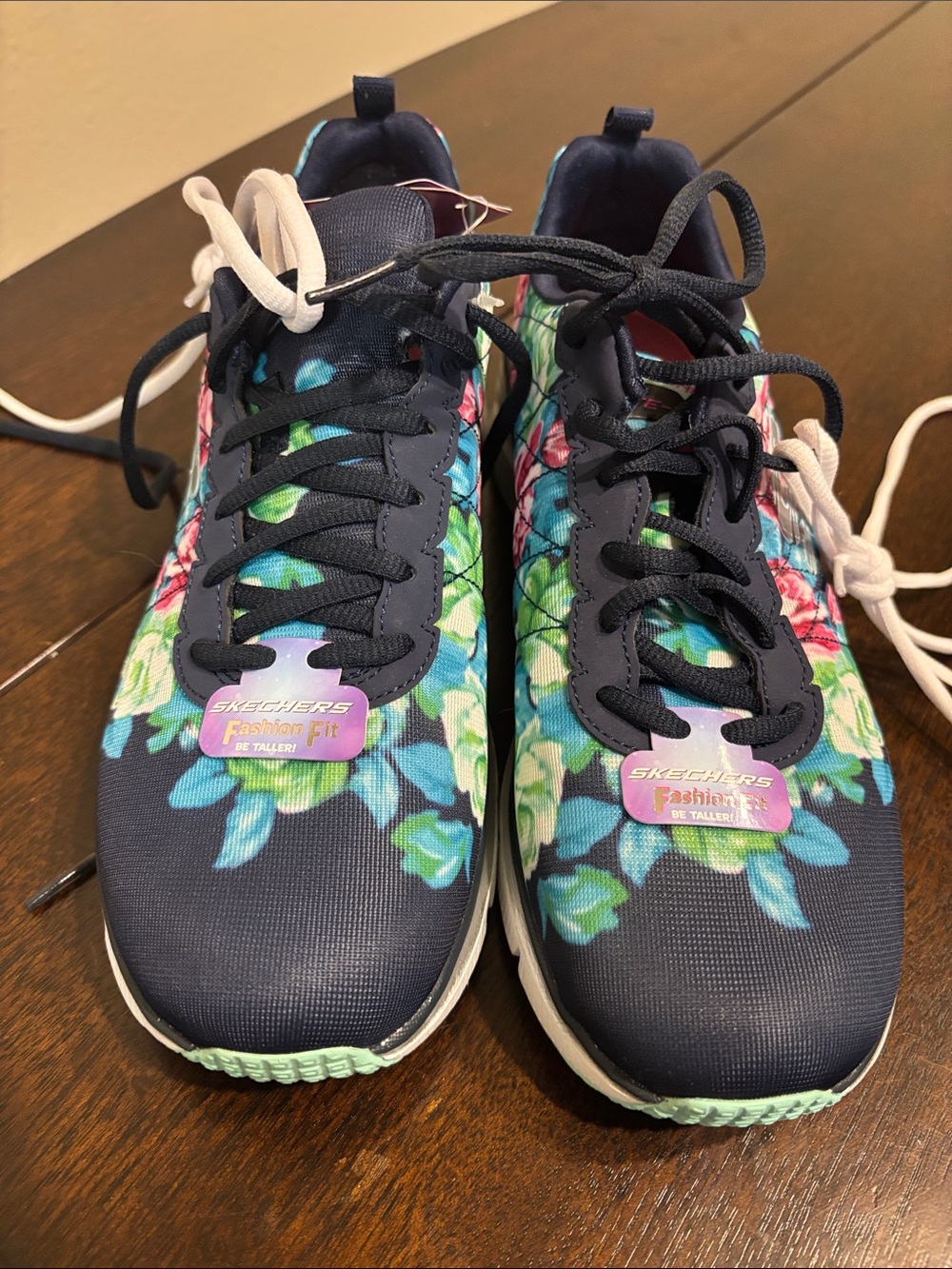 Skechers Navy Floral Lace-Up Sneakers with Blue & Green Accents - Picture 1 of 6